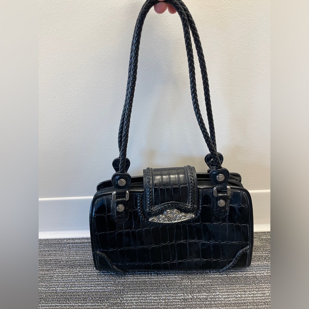 M.C. Black Leather Handbag with Silver Metal Decor